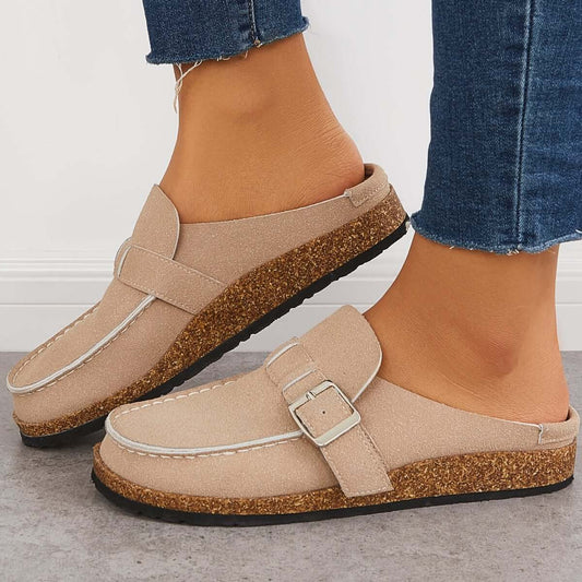 Soft Leather Backless Cork Footbed Slide Shoes