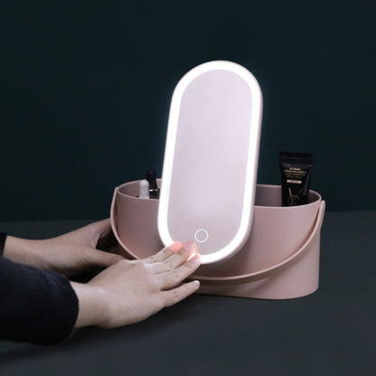 Portable Makeup Cosmetic Organizer Box with LED Touch Light Mirror