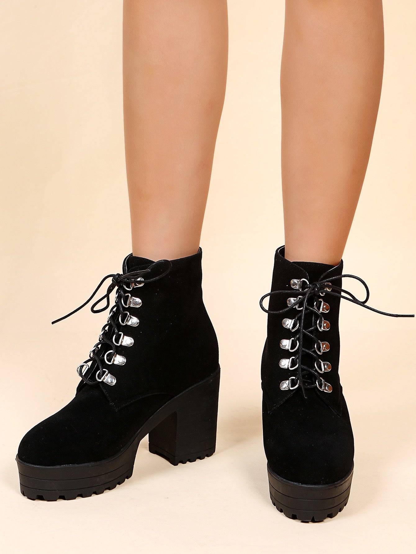 ZIERSO Women Short Faux Suede Lace Up High Heel Platform Boots
