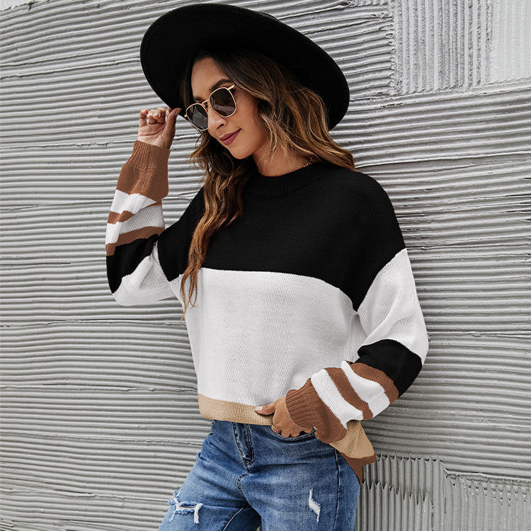 Women's Pullover Sweater Jumper Ribbed Knit Knitted Patchwork Striped Crew Neck Stylish Fall Long Sleeve