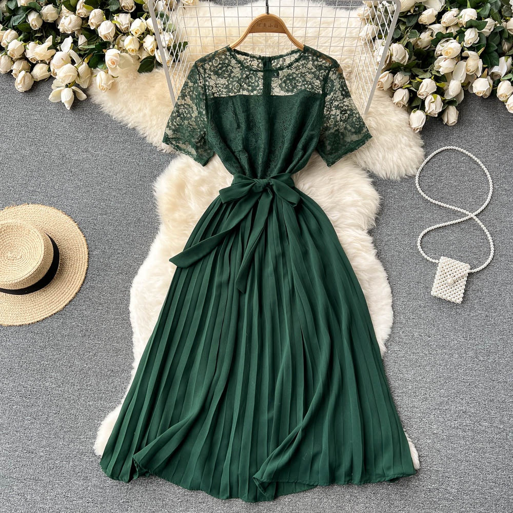 Hollow Lace Stitching Short Sleeve Dress for Women Fashion Waist Pleated Dresses