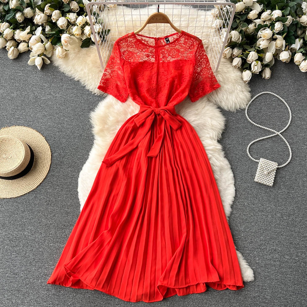 Hollow Lace Stitching Short Sleeve Dress for Women Fashion Waist Pleated Dresses
