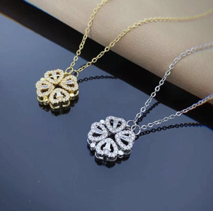 Retro Magnetic Folding Heart Shaped Four Leaf Clover Pendant Necklace Women Love Clavicle Chain Gifts