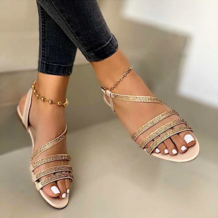 Women's Sandals Boho Bohemia Beach Sparkly Sandals Rhinestone Flat Heel Open Toe Casual Daily Faux Leather Loafer Summer