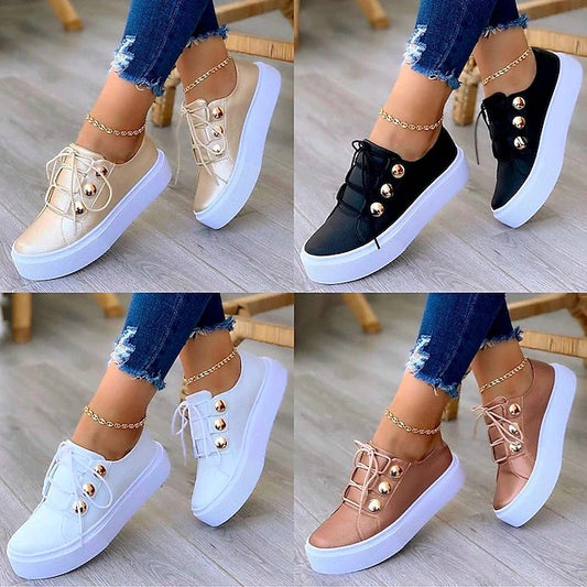 Women's Sneakers Plus Size White Shoes Rivet Flat Heel Round Toe Sporty Casual Daily Outdoor Walking Shoes Leather Lace-up Fall Spring Summer