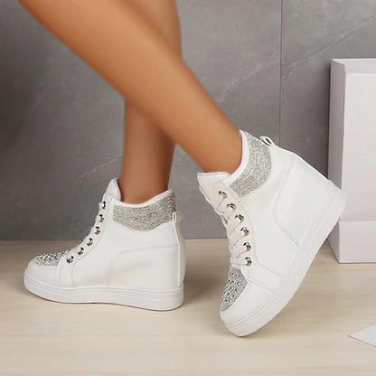 Women's Sneakers Crystal Wedge Heel Hidden Heel Round Toe Sporty Casual Daily Outdoor Leather Lace-up Fall Spring