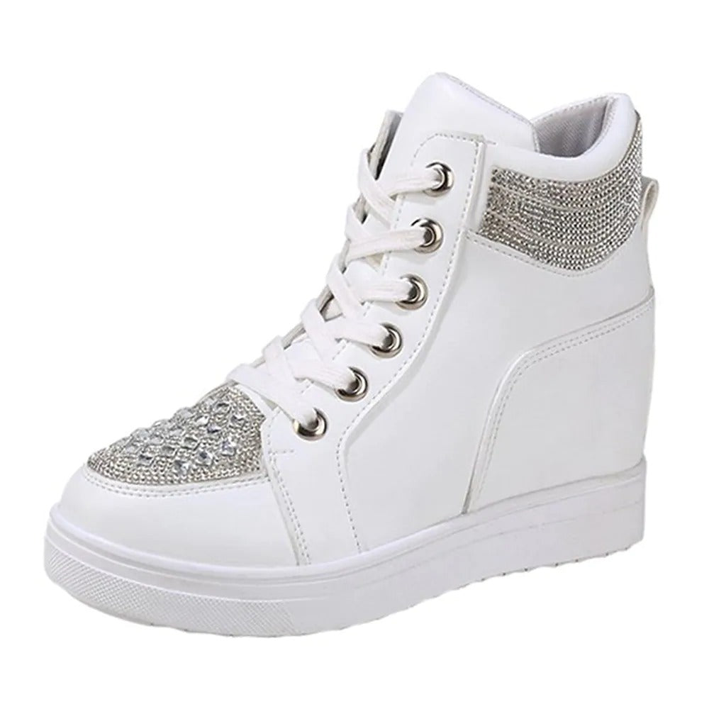 Women's Sneakers Crystal Wedge Heel Hidden Heel Round Toe Sporty Casual Daily Outdoor Leather Lace-up Fall Spring