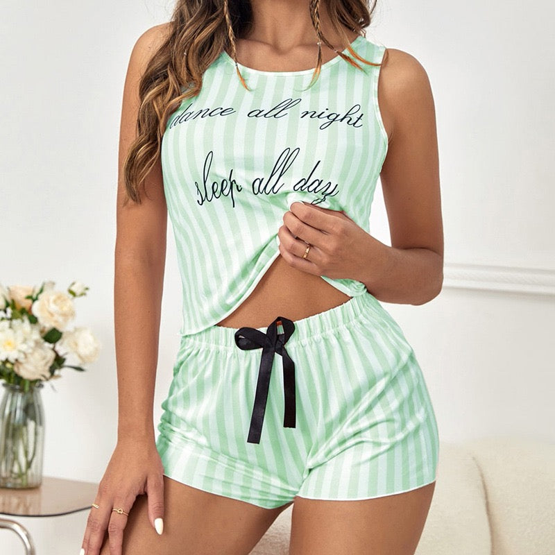 Women's Pajamas Sets Stripe Letter Comfort Home Polyester Crew Neck Sleeveless Shorts Spring Summer