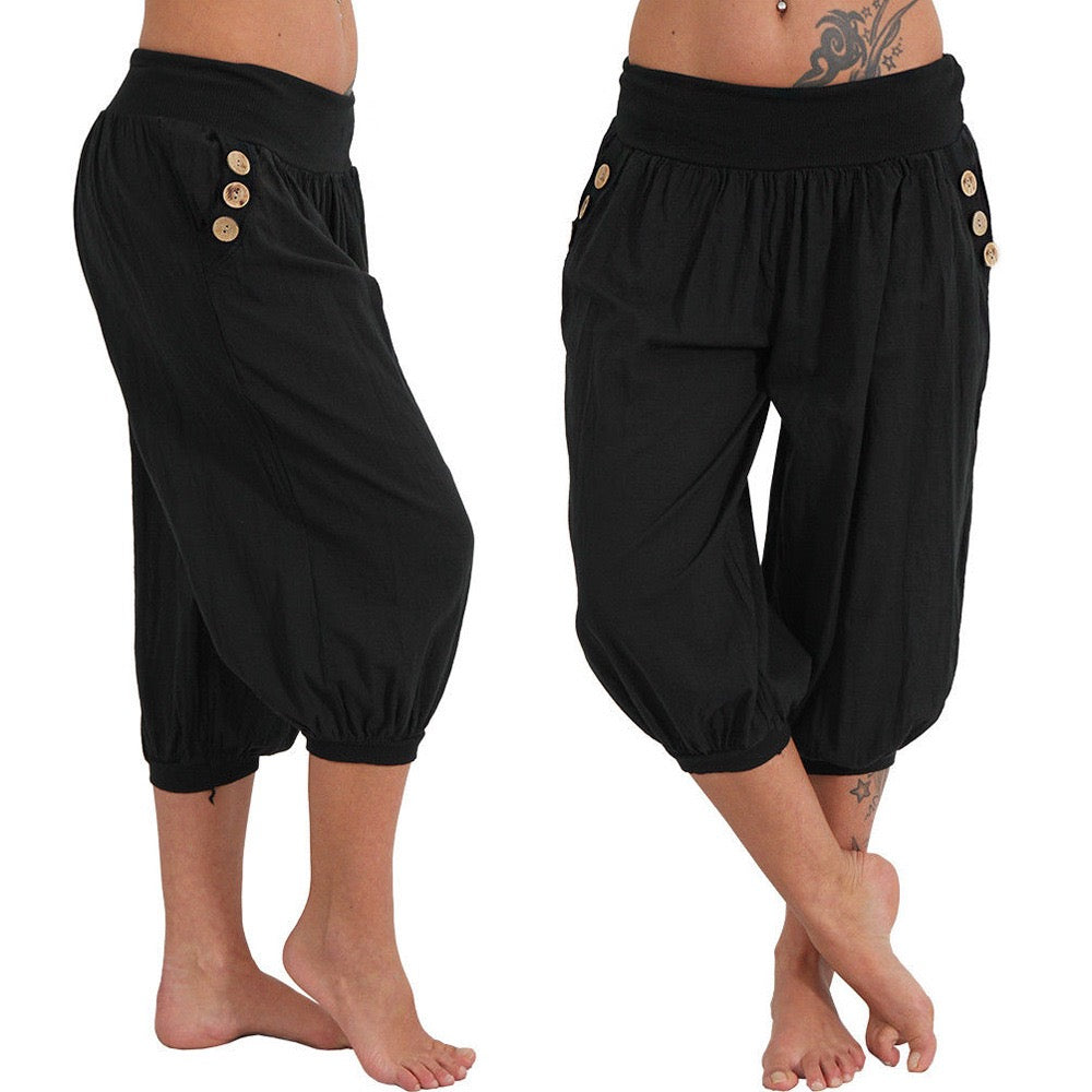 Women's Casual Capri shorts Pocket Elastic Waist Calf-Length Pants Yoga Inelastic Solid Colored Breathable Soft High Waist Loose