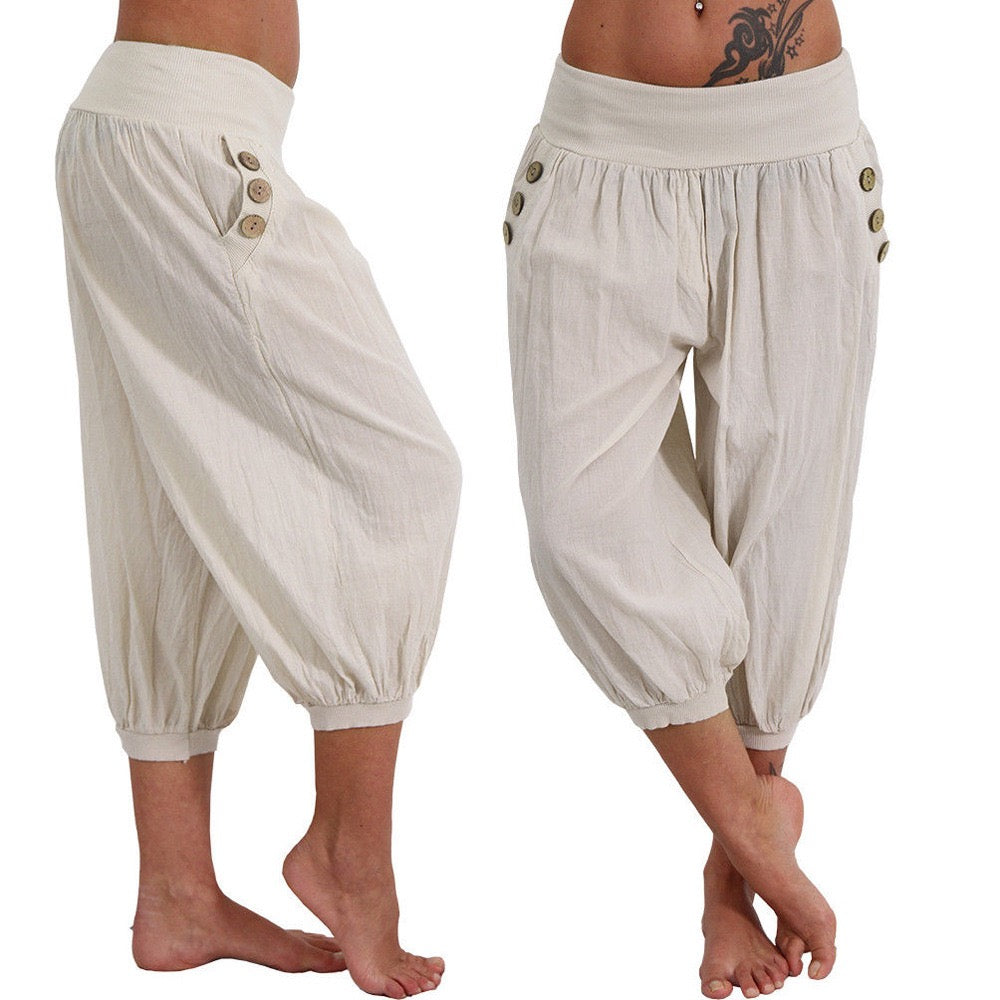 Women's Casual Capri shorts Pocket Elastic Waist Calf-Length Pants Yoga Inelastic Solid Colored Breathable Soft High Waist Loose