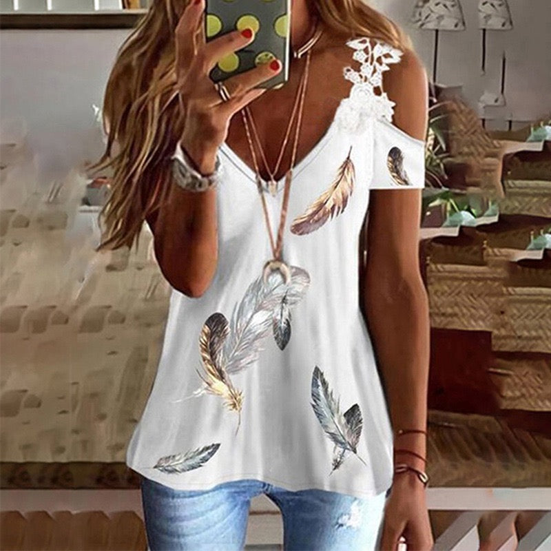 Women's T shirt Tee Feather Casual Holiday Weekend Floral Painting T shirt Tee Short Sleeve Lace Cold Shoulder Print V Neck
