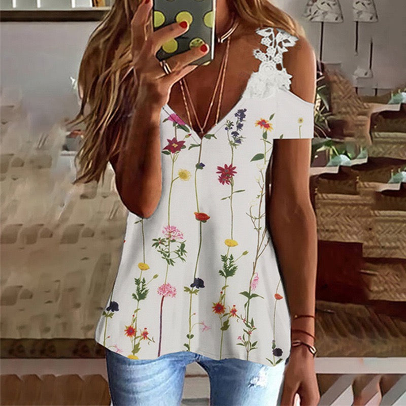 Women's T shirt Tee Feather Casual Holiday Weekend Floral Painting T shirt Tee Short Sleeve Lace Cold Shoulder Print V Neck