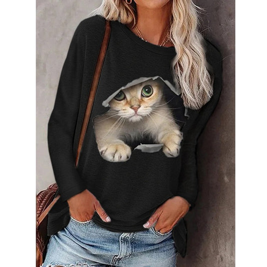 Women's T shirt Tee Cat Graphic Patterned 3D Daily 3D Cat T shirt Tee Long Sleeve Print Round Neck / 3D Print