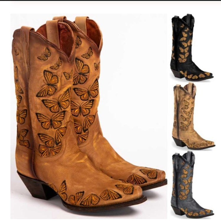 Women's Butterfly Embroidered Cowboy Boots Mid Calf Pointed Toe Western Boots