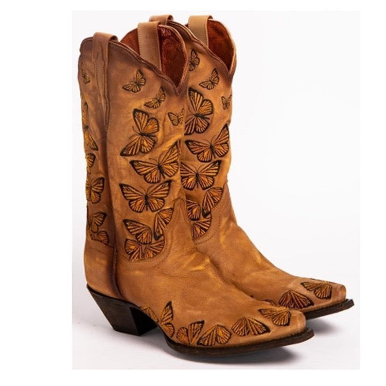 Women's Butterfly Embroidered Cowboy Boots Mid Calf Pointed Toe Western Boots