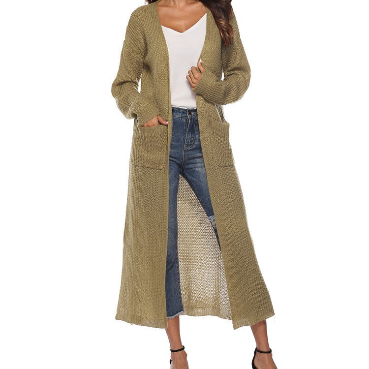 Irregular Split Solid Color Pocket Thickened Sweater Cardigan Long Coat