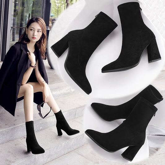 New Autumn Winter Velvet Thick Elastic Martin Boots Fashion Pointed Thin Mid-barrel Women's Boots