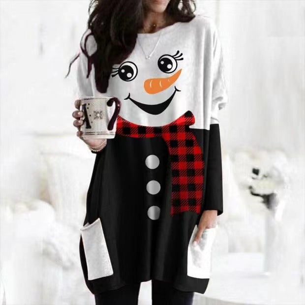 Women's Cute Christmas Printed Crewneck Long Sleeve T-shirt Tops With Pockets