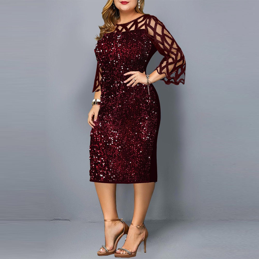 Plus Size Sequins Dress | 3/4 Sleeves Party Banquet Formal Evening Dress