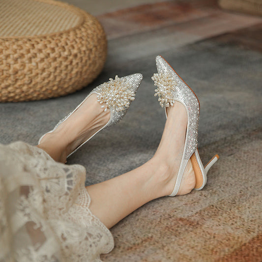 Women's Wedding Shoes Slingback Wedding Heels Bridal Shoes Rhinestone Crystal Heel Pointed Toe