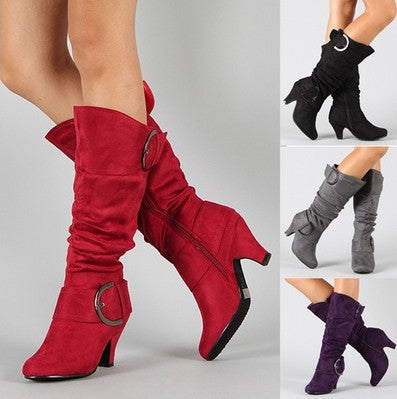 Women's Boots Suede Shoes Knee High Boots Mid Calf Boots Buckle Kitten Heel Round Toe Vintage British Suede Zipper