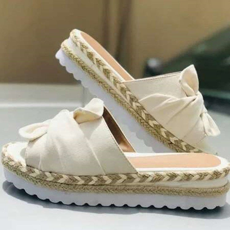 Women's Sandals Platform Sandals Outdoor Slippers Bowknot Flat Heel Open Toe Casual Canvas Loafer