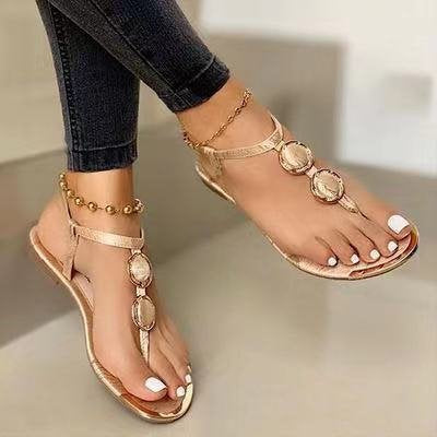 Women's Sandals Flat Heel Round Toe Open Toe Casual Daily Beach Faux Leather T-Strap