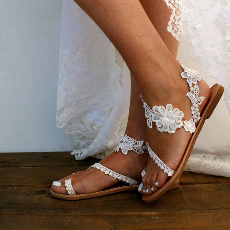 Women's Sandals Bohemia Beach Wedding Sandals Bridal Shoes Bridesmaid Shoes Lace Flat Heel Open Toe