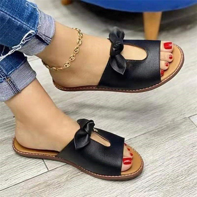 Women's Sandals Bowknot Flat Heel Open Toe Casual Sweet Daily Beach Faux Leather Loafer
