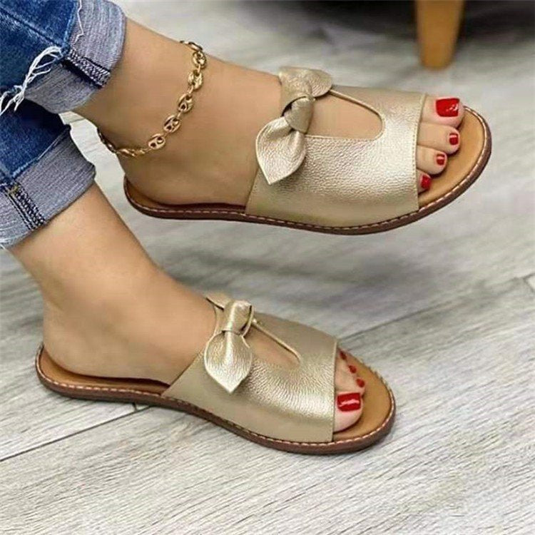 Women's Sandals Bowknot Flat Heel Open Toe Casual Sweet Daily Beach Faux Leather Loafer