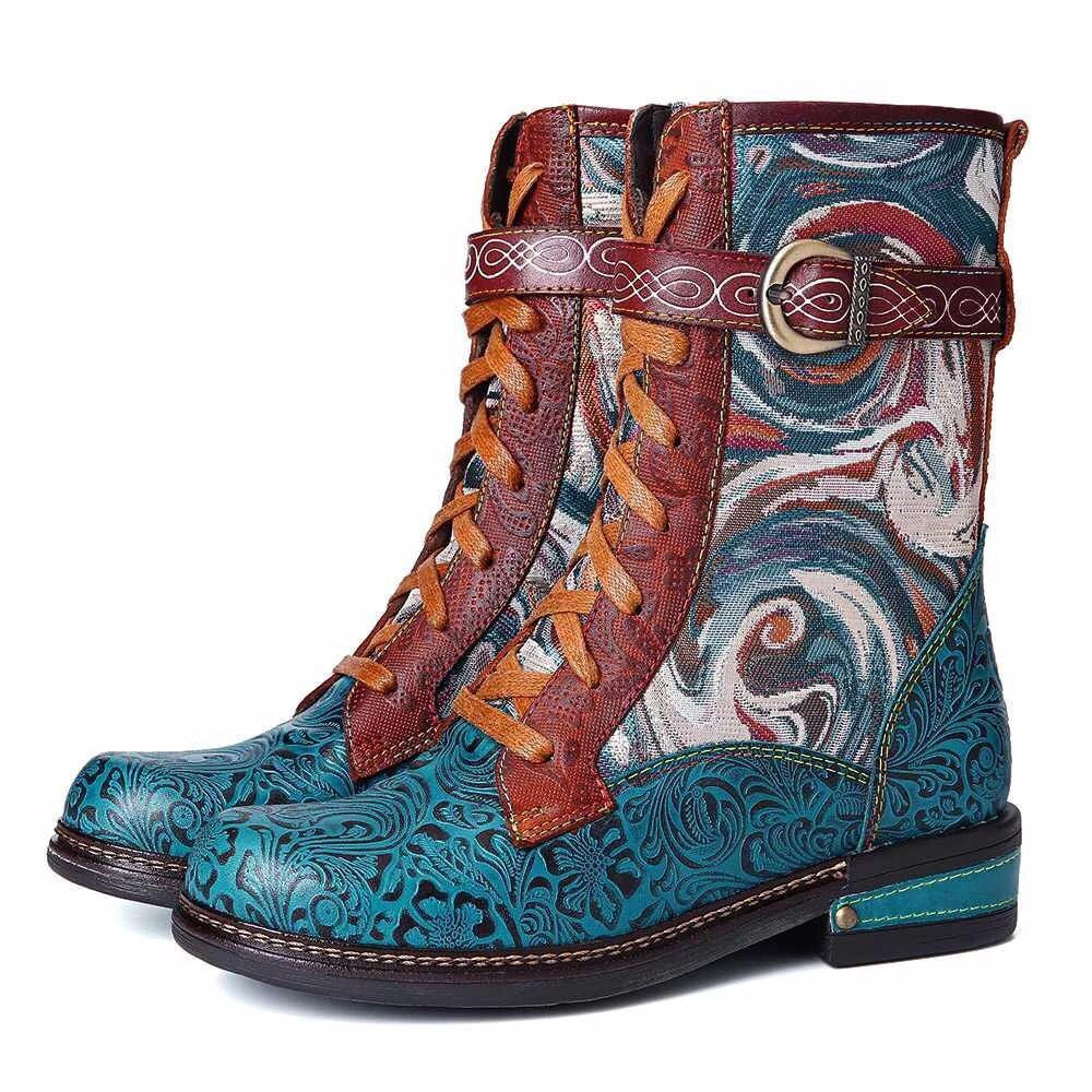 2022 Autumn And Winter Color-blocking Flat Martin Boots Women's Independent Station New Large Size Embroidered Ethnic Style