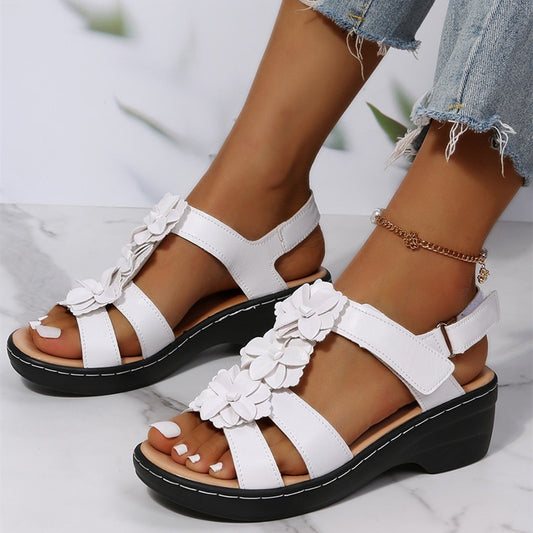 Women's Sandals Comfort Shoes Flower Wedge Heel Open Toe Walking Shoes PU Leather