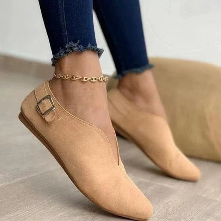 Women's Loafers Buckle Flat Heel Pointed Toe Casual Suede Leather