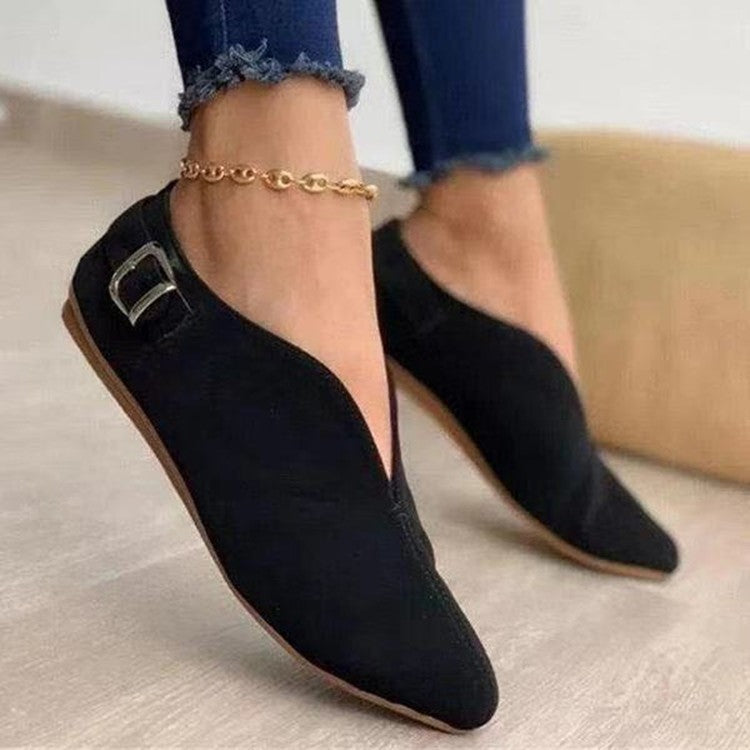 Women's Loafers Buckle Flat Heel Pointed Toe Casual Suede Leather