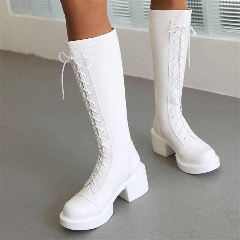 Women's Boots Lace Up Boots Knee High Boots Lace-up Chunky Heel Round Toe PU Leather Zipper