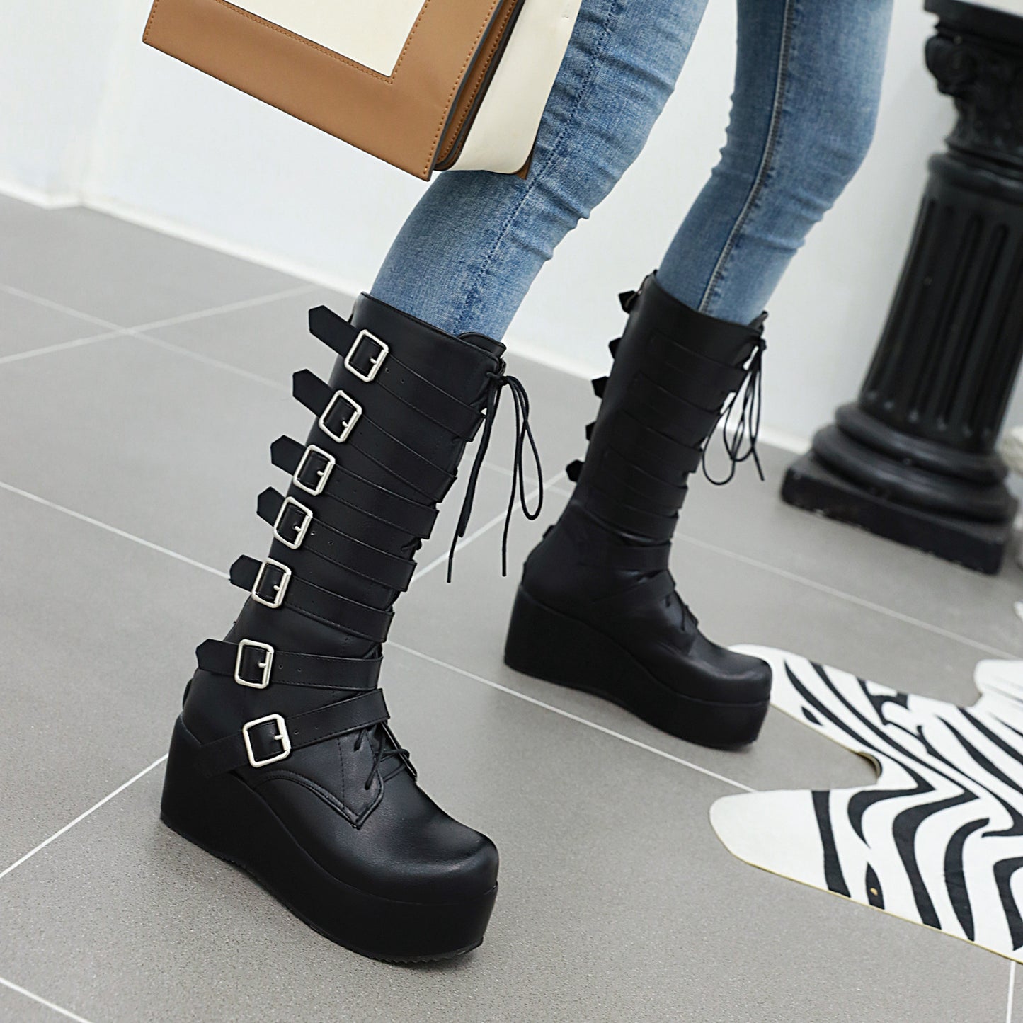 Autumn And Winter New Women's Boots Punk Style Big Round Head Thick Bottom Muffin Belt Buckle High Boots