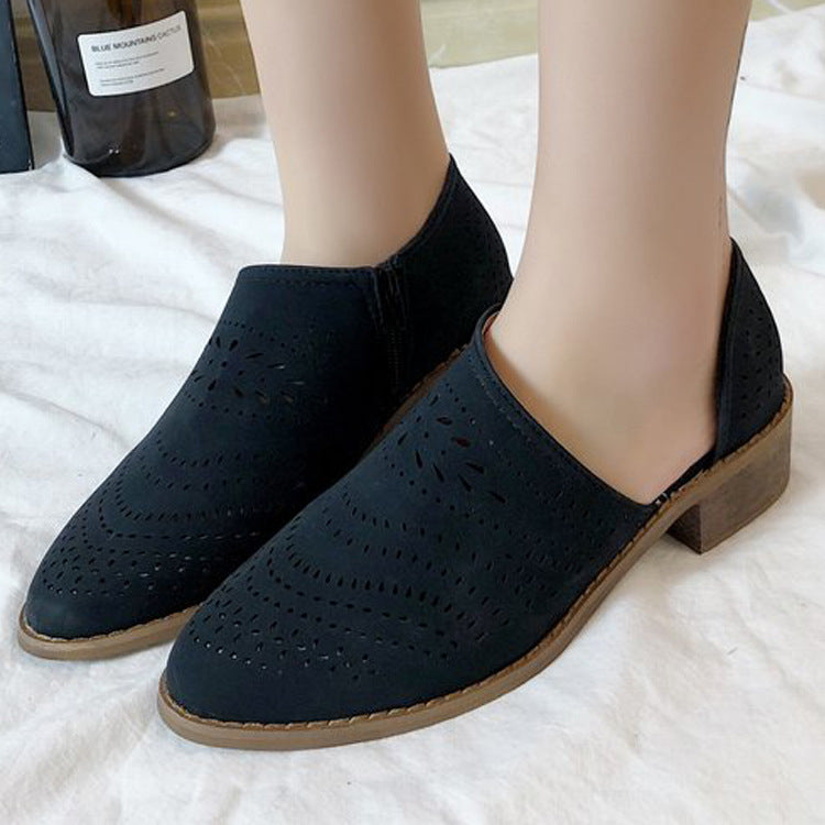 Spring And Autumn New Large Size Hollow Women's Single Shoes Europe And America Side Empty Side Zipper Low Heel Casual Shoes
