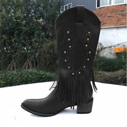 Special For Large Size Mid-tube Fringed Boots Women's Autumn And Winter New Rivets Western Cowboy Martin Boots