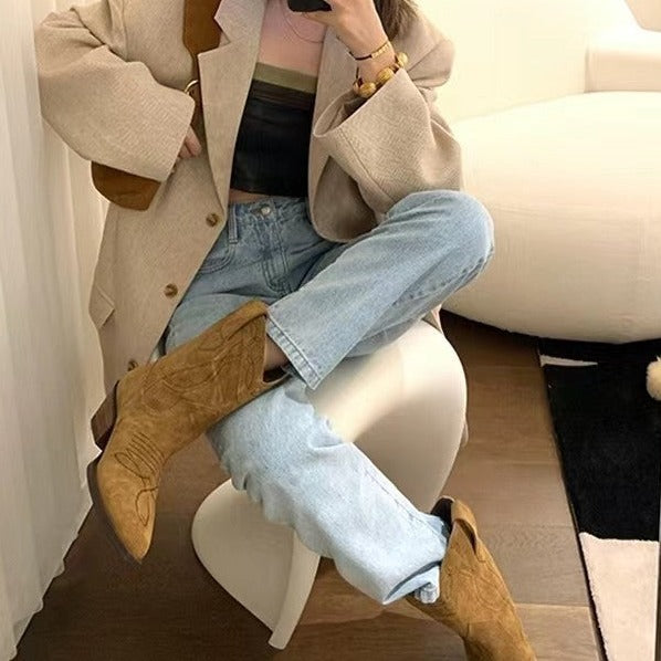 Women's Boots Cowboy Boots Booties Ankle Boots Embroidery Block Heel Pointed Toe Casual Minimalism PU Leather