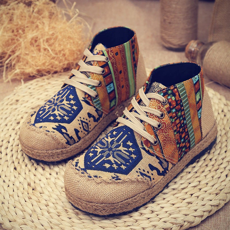 Linen Totem Cloth Shoes Spring And Autumn Ethnic Style High-top Thick Bottom Round Head