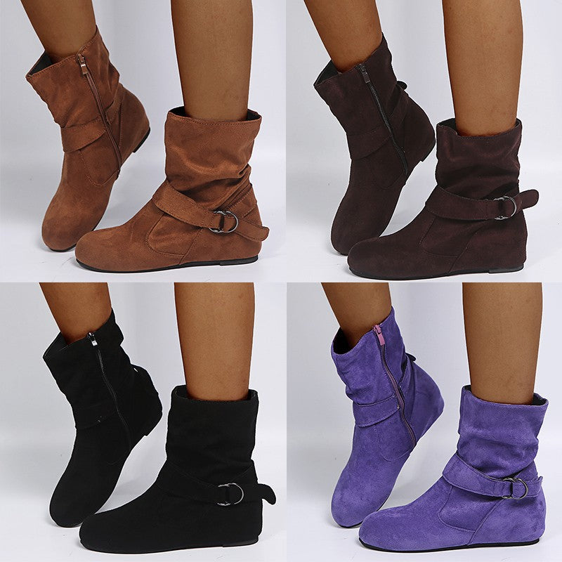 Women's Boots Mid Calf Boots Buckle Flat Heel Round Toe Casual Outdoor Zipper