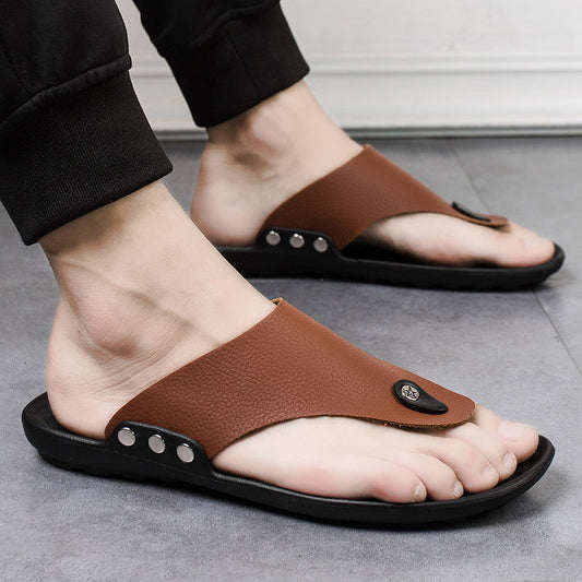 Men Sandals Leather Flat Sandals Flip-flops Slip Vacation Beach for Leisure Non-slip Beach Shoes