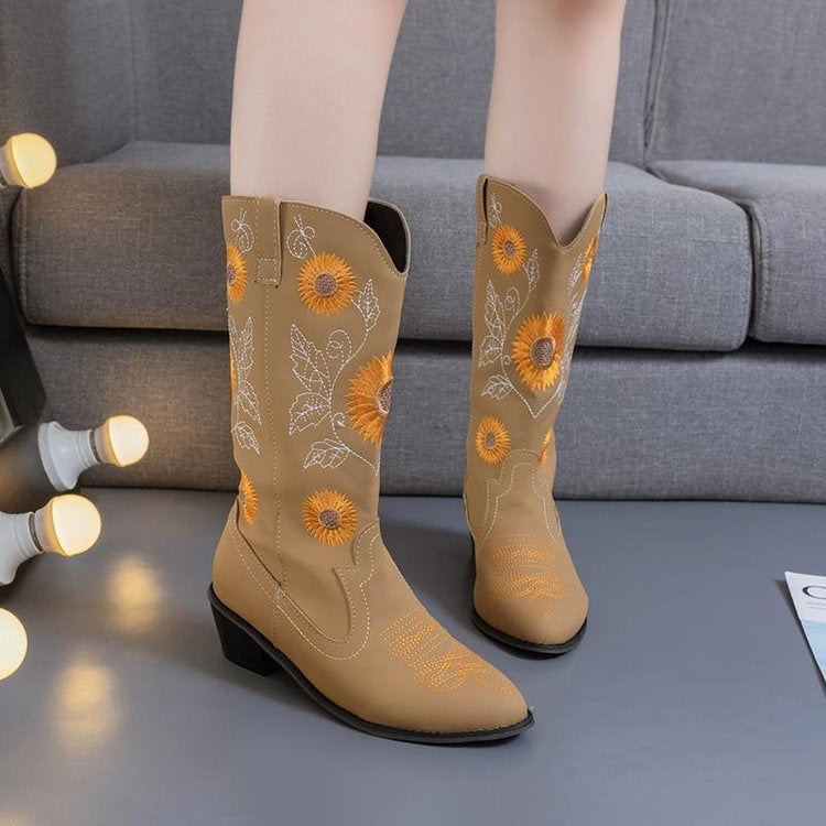 Women's Boots Cowboy Boots Mid Calf Boots Chunky Heel Pointed Toe PU Loafer Floral