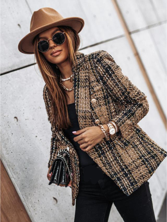 Women's Blazer Tweed Plaid Long Sleeve Coat Fall Winter Business Double Breasted Regular Jacket