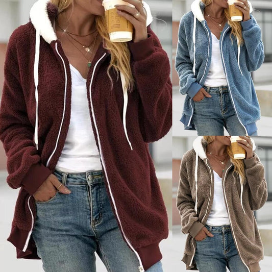 Women‘s Coat Drawstring Zipper Plain Modern Hooded Outwerar Long Warm Knitted Cardigan