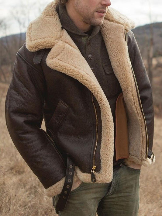 Men's Jacket Sporty Casual Faux Leather Brown Winter Zipper