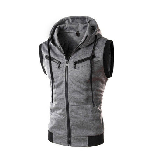 Men's Solid Cotton Based Zipper Vest Hoodie Slim Fit Sleeveless Lightweight Drawstring Casual Jacket
