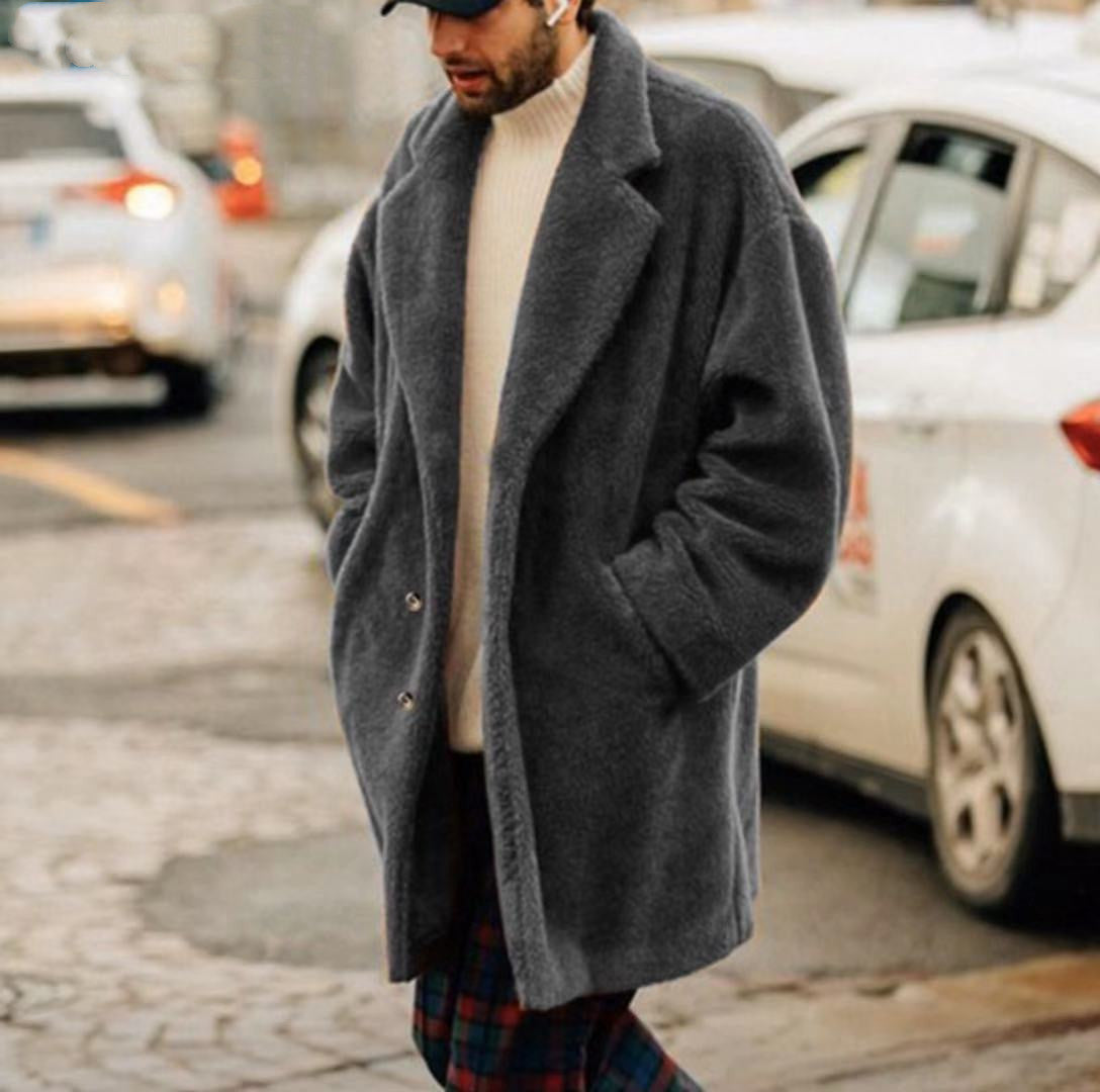ZIERSO Men's Loose Lapel Casual Lamb Wool Mid Length Coat