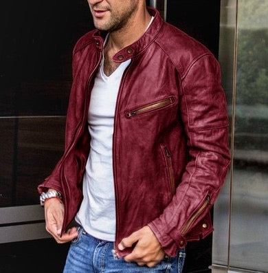 Faux Leather Jackets For Mens,casual Stand Collar Faux Leather Zip-up Motorcycle Jacket