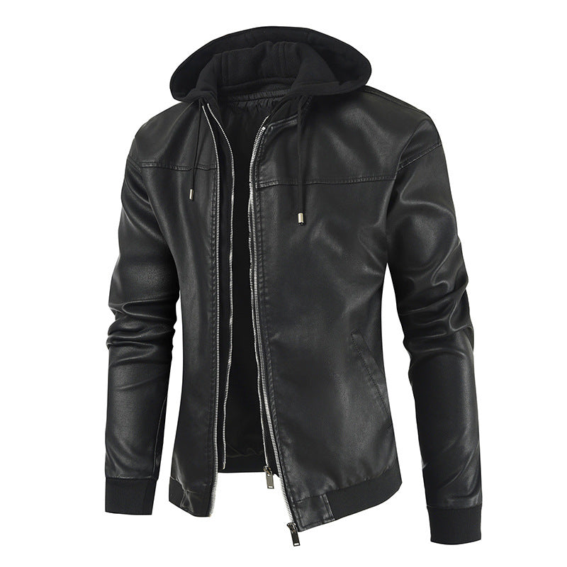 Leather Men's Autumn And Winter New Casual Hooded Jacket Handsome Motorcycle Clothing Plus Cotton Thick Men's Jacket